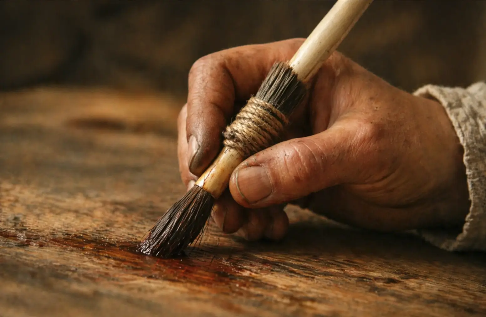 Ancien pinceau rechampir avec ligature ficelle – fabrication artisanale française Ancien pinceau rechampir professionnel avec ligature ficelle, outil de peinture d’époque illustrant la fabrication artisanale française