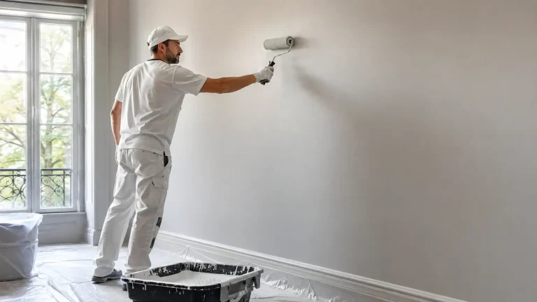 Peintre professionnel appliquant une peinture au rouleau sur un mur intérieur sans trace