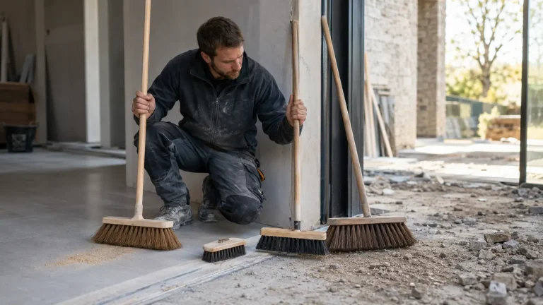 Professionnel sur un chantier comparant plusieurs balais adaptés à un sol intérieur lisse et à une zone extérieure avec gravats, pour illustrer le choix du bon balai professionnel.