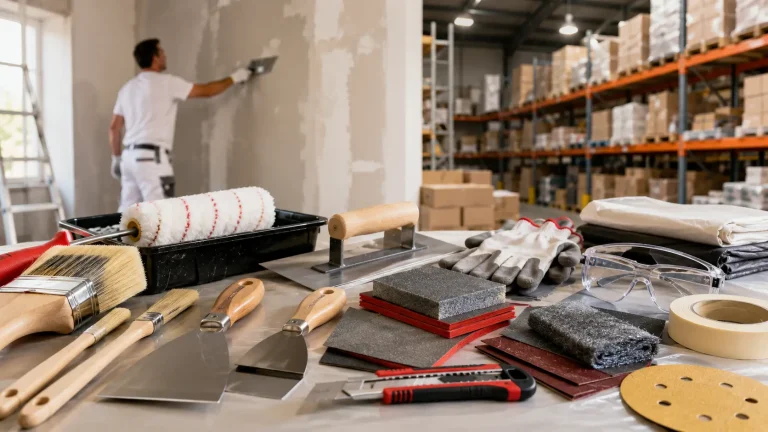 Outillage de peintre professionnel avec rouleau, couteaux, abrasifs, protections et chantier en préparation