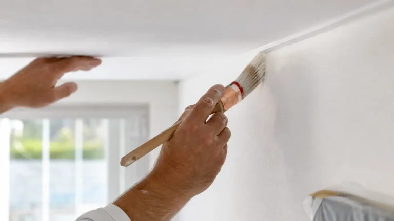 Peintre professionnel rechampissant l'angle mur-plafond avec une brosse à rechampir Malige