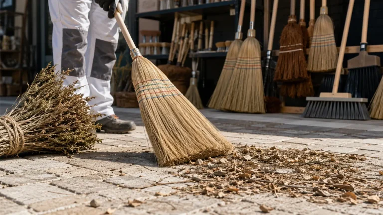 Balai paille en fibre de sorgho utilisé sur un sol extérieur pour ramasser feuilles, brindilles et petits débris végétaux.