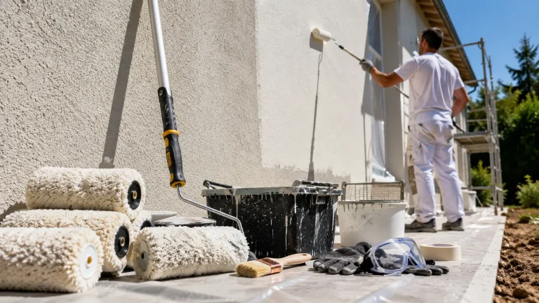 Rouleaux et manchons à poils longs pour peinture de façade, avec un peintre professionnel appliquant la peinture en été.
