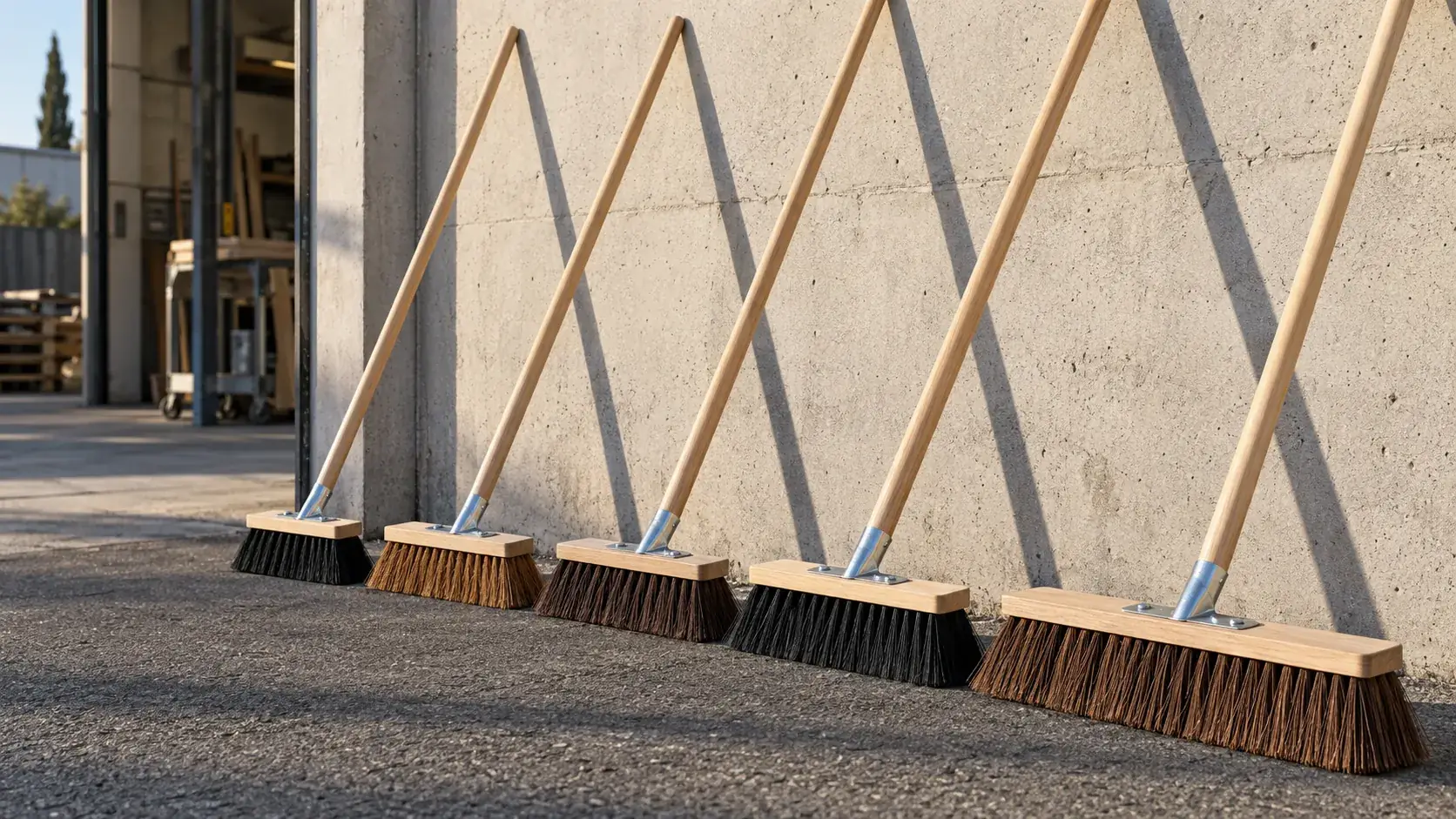 Balais de voirie Malige alignés contre un mur, montures bois et douilles métal inclinées à 45°